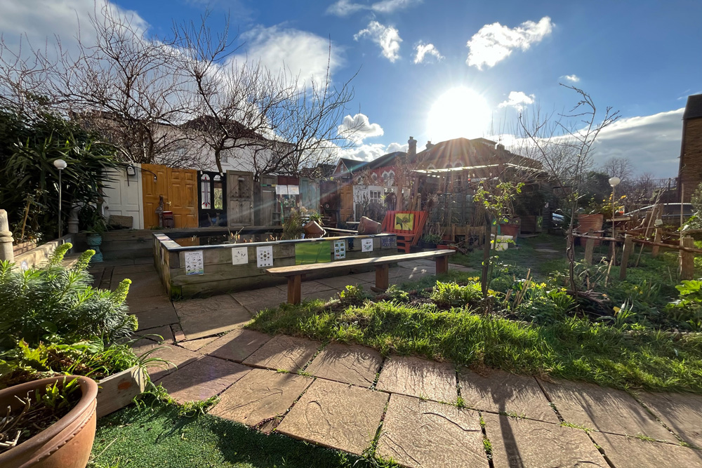 image of wide angle view view of the garden towards the pond