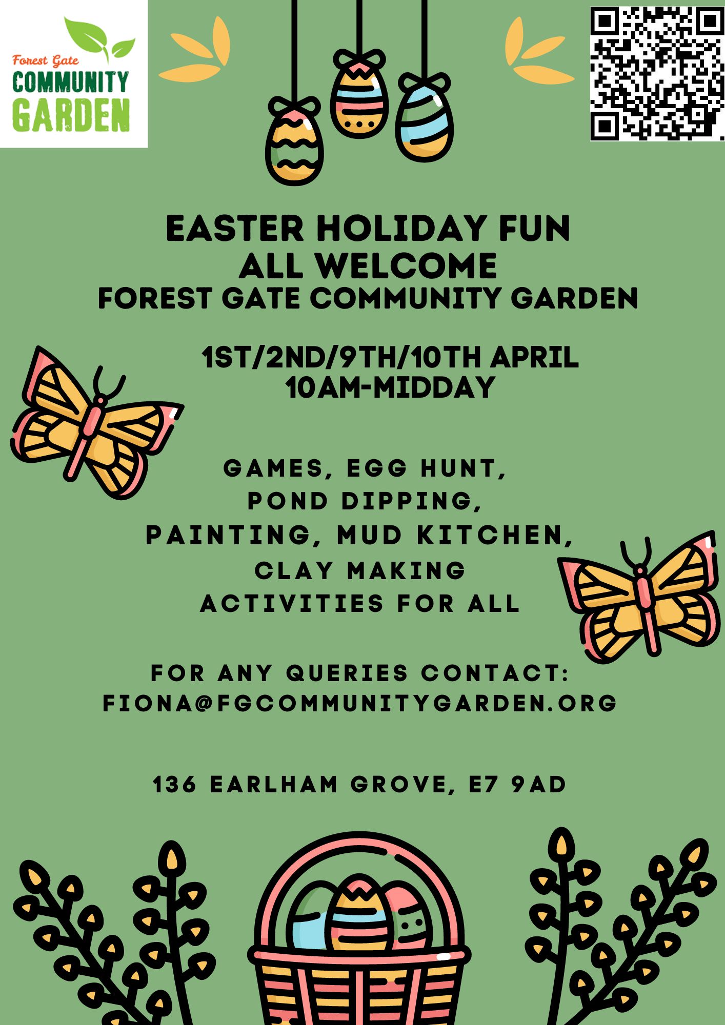 Flyer for Easter Holiday fun in the garden. 1st and 2nd of April and 8th and 9th April from 10 am til 12 pm