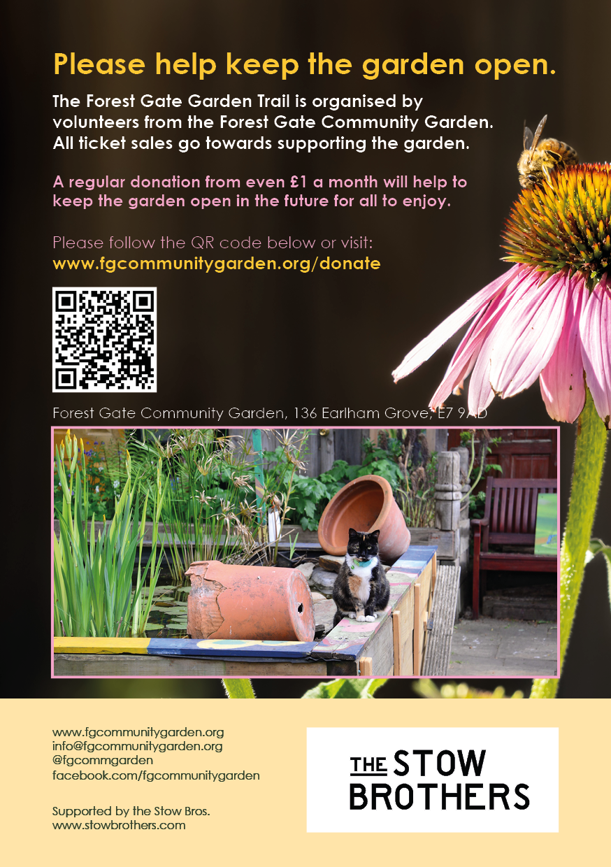 back of the Forest Gate Garden Trail flyer sponsored by the stow bros and oraganised by Forest Gate Community Garden