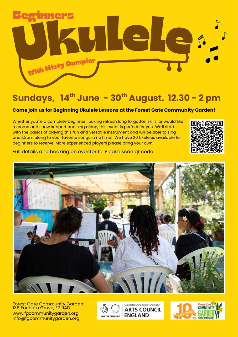 This is a flyer for Beginners Ukulele with Misty Dampier. find detail and book on eventbrite. Classes start on Sunday the 14th June.