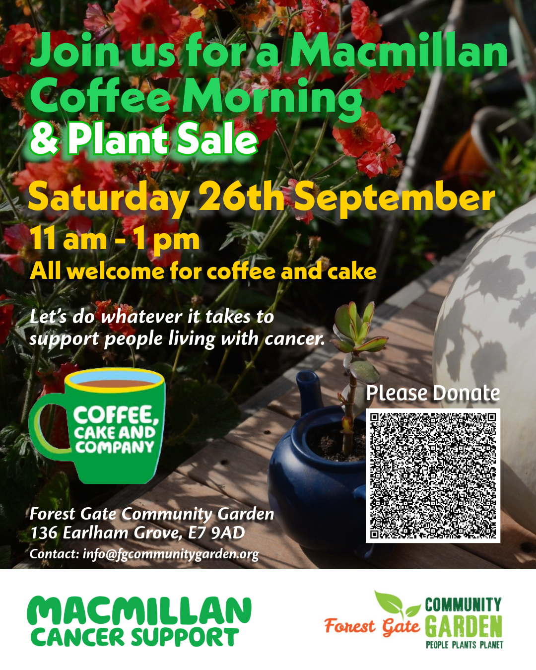 invitation to join us for a Macmillan Coffee morning and plant sale on September 26th from 11 am - 1 pm