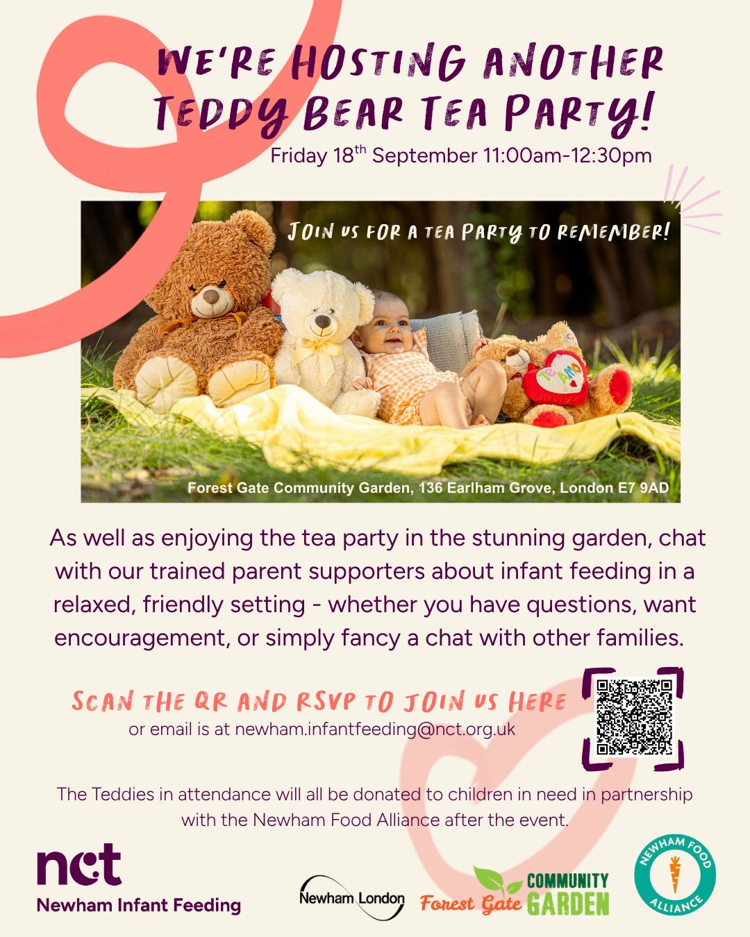 flyer for Teddy bears picnic on 18th September from 11 am to 12.30 pm in the Forest Gate Community Garden